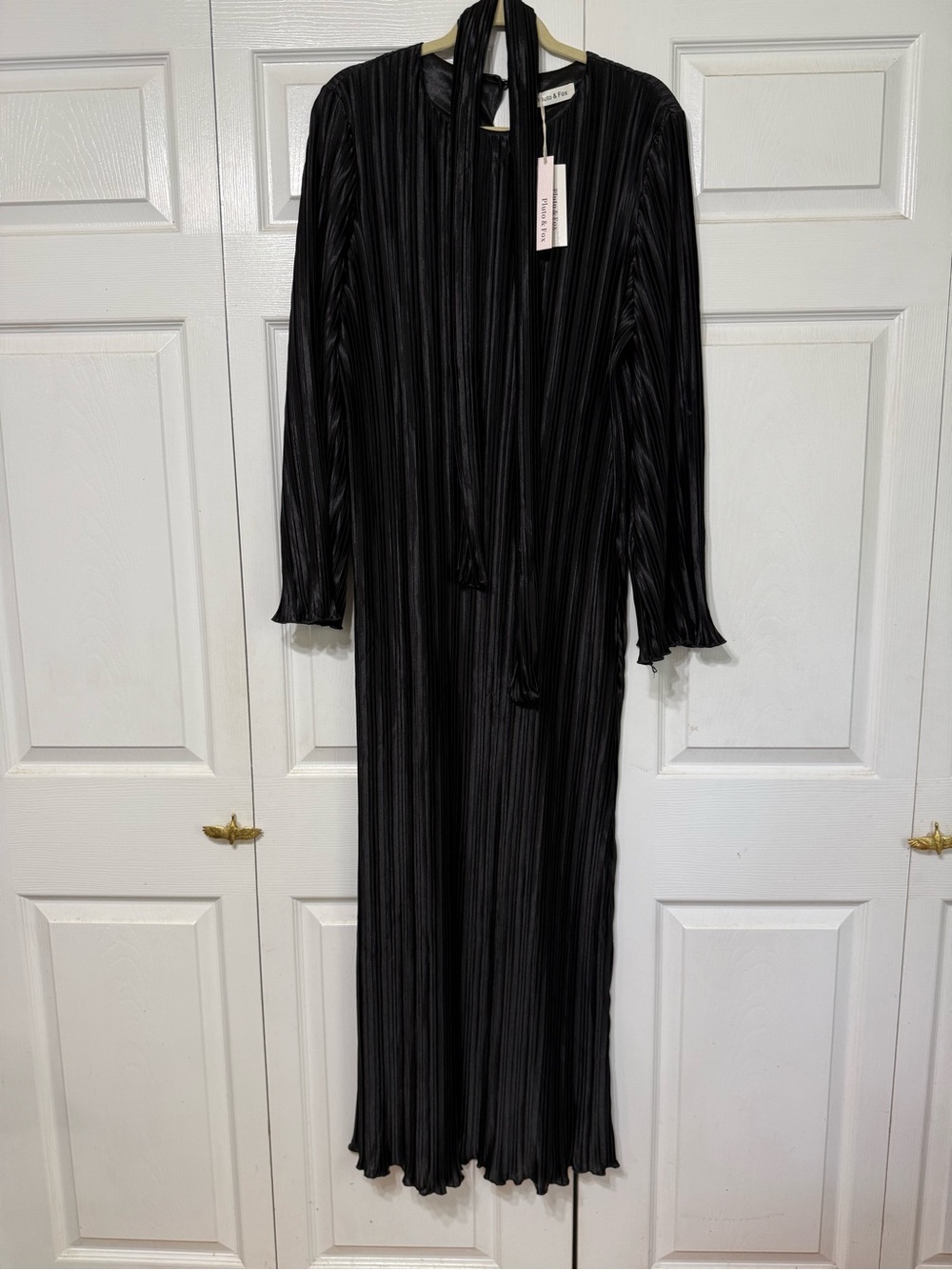 Women's Black plisse Pleated Maxi Dress with Tie Neck - formal gown black tie
